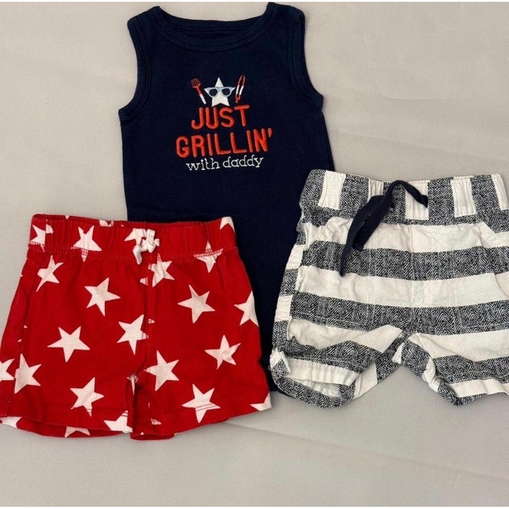 Baby Boy 3-6M Red White & Blue Star Stripes Summer Set "Just Grillin With Daddy"
